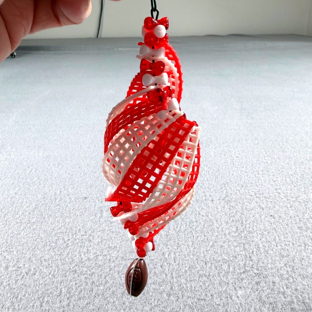 Vintage Plastic Canvas Spiral Ornament Red White Football Bead Handmade Craft